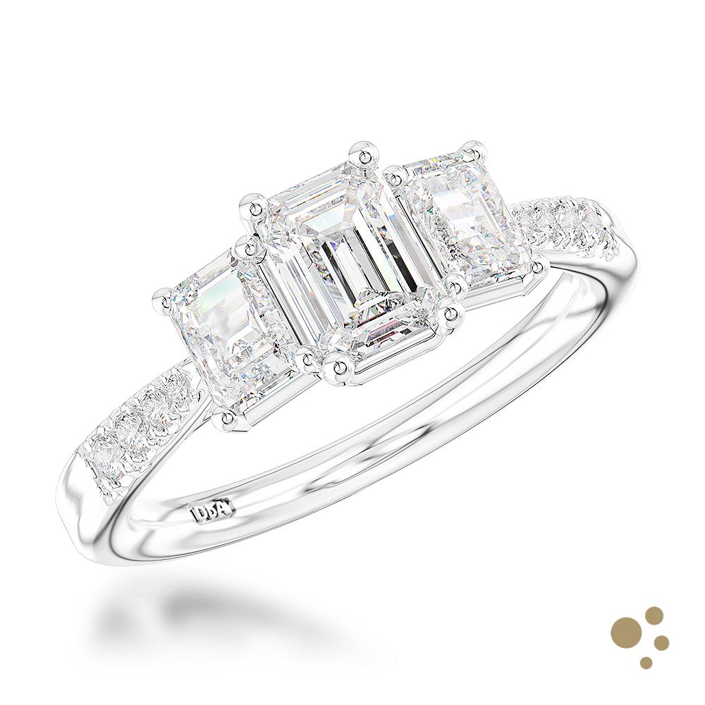 Florentina Skye Emerald Three Stone 0.64ct Diamond Platinum Ring - Deacon & Son