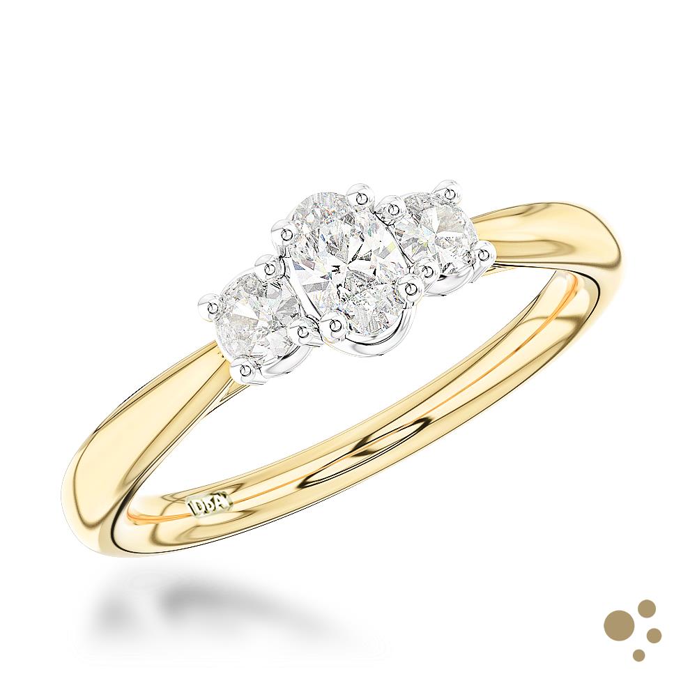 Petite Royal Oval Three Stone 0.20ct Diamond Yellow Gold/Platinum Ring - Deacon & Son