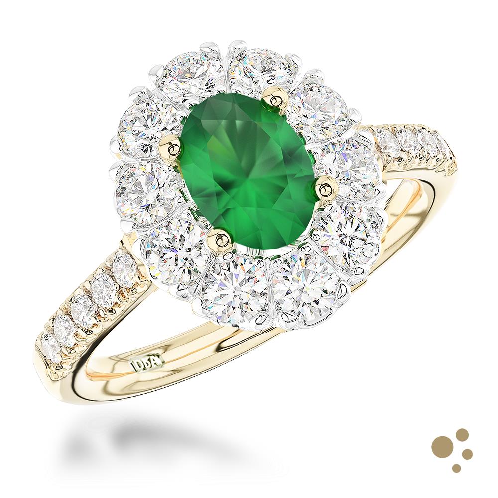 Evie Oval Royale Halo 0.72ct Emerald Yellow Gold/Platinum Ring - Deacon & Son