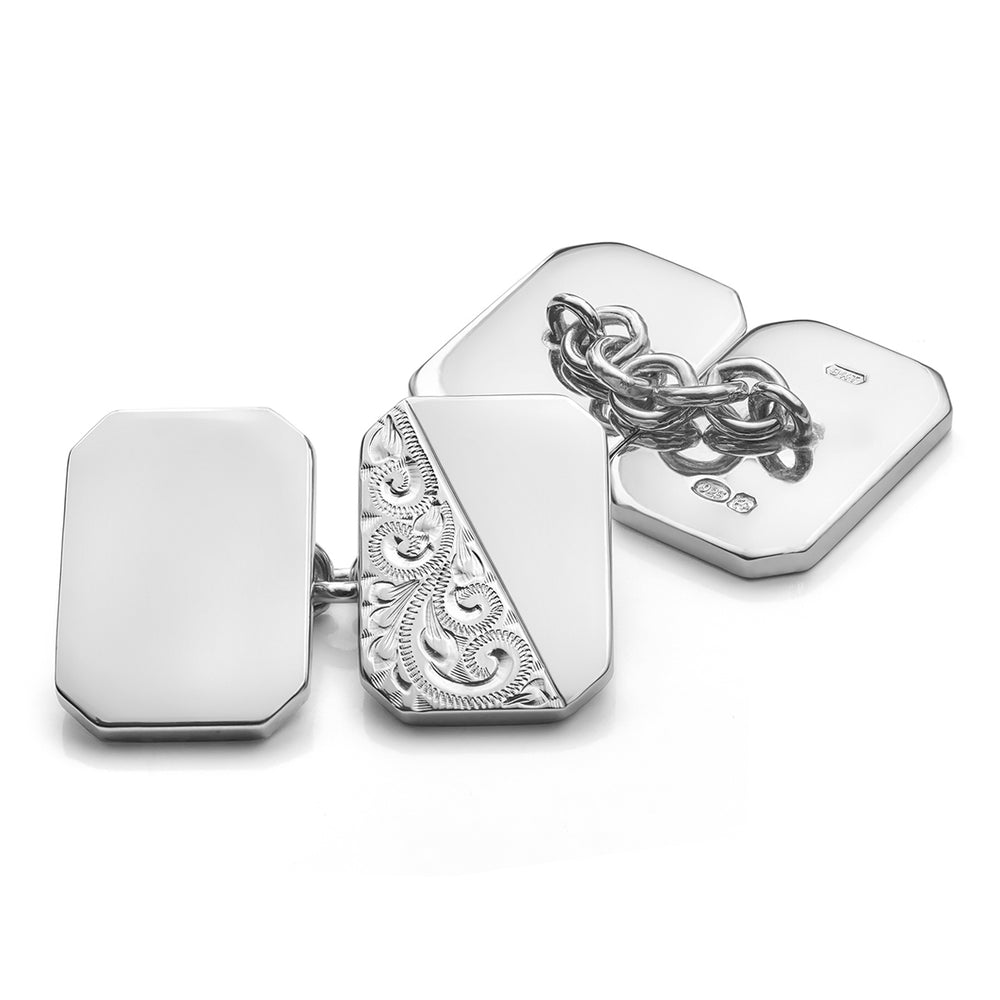 Silver half engraved cufflinks - Deacon & Son