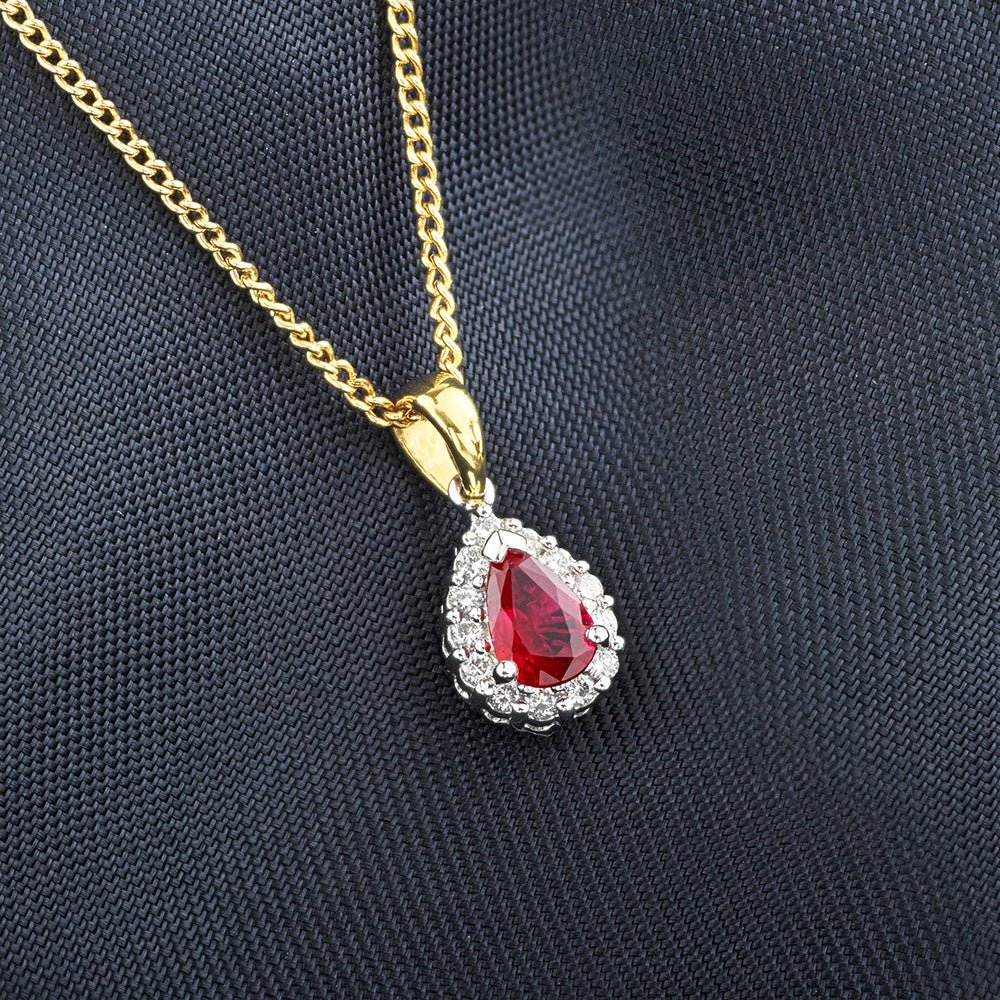 Ruby and Diamond Halo Pear Cut Pendant - Deacon & Son