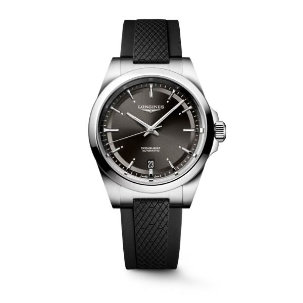 Longines Conquest 38mm automatic watch with black sunray dial and rubber strap