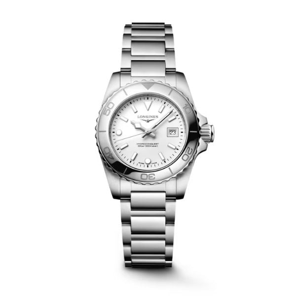 Longines L3.369.4.12.6 quartz watch with white dial and rotating bezel