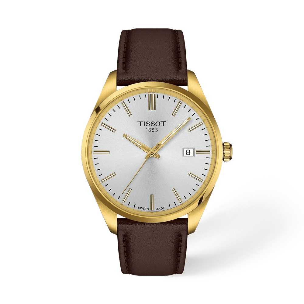 Tissot PR 100 40mm watch with silver dial, yellow gold PVD bezel and brown leather strap