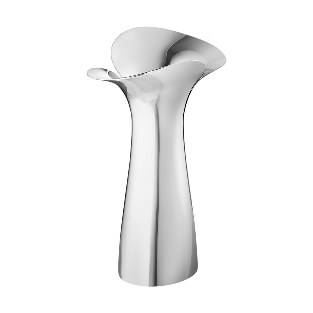 Close-up of the Georg Jensen Bloom Botanica Medium Vase showcasing its flowing mirror-polished stainless steel finish.