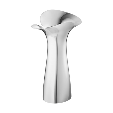 Close-up of the Georg Jensen Bloom Botanica Medium Vase showcasing its flowing mirror-polished stainless steel finish.