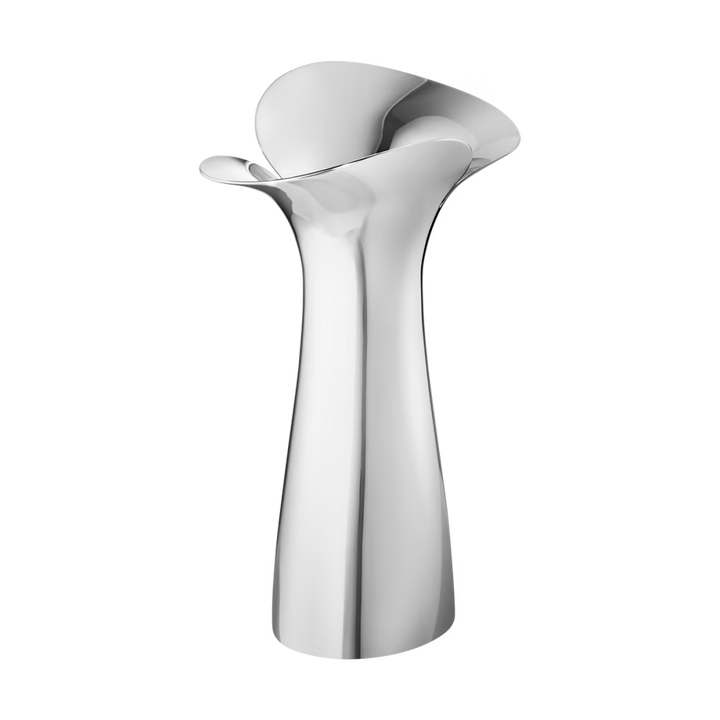 Close-up of the Georg Jensen Bloom Botanica Medium Vase showcasing its flowing mirror-polished stainless steel finish.
