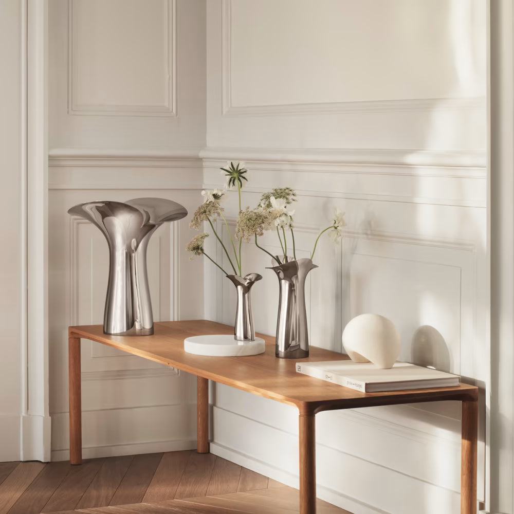 Georg Jensen Bloom Botanica stainless steel vase with sculptural organic design by Helle Damkjær.