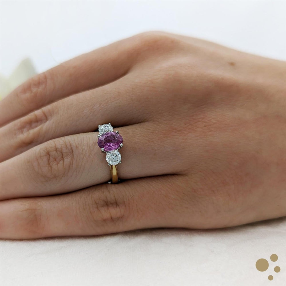 Royal Oval Three Stone 1.27ct Pink Sapphire Yellow Gold/Platinum Ring - Deacon & Son