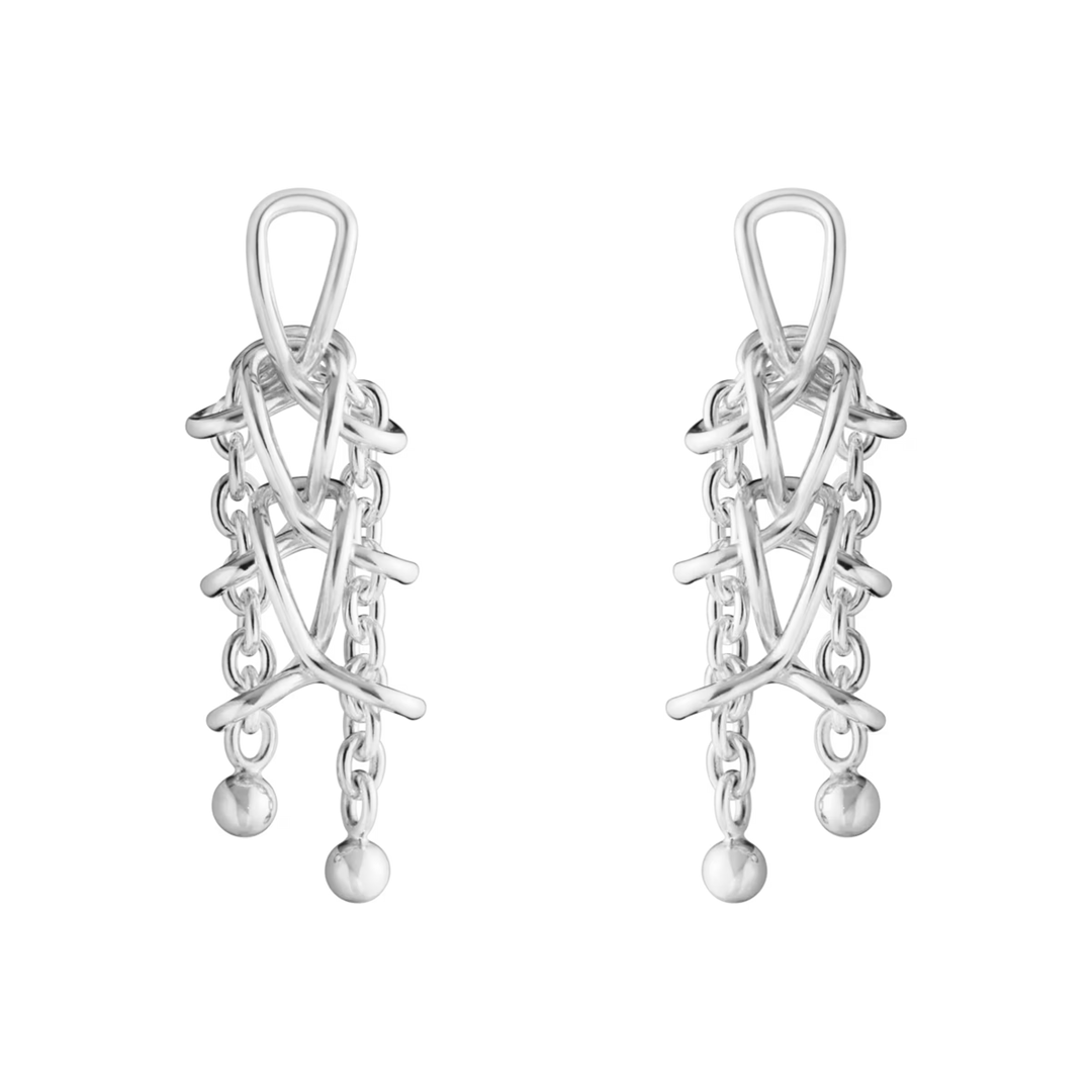 Georg Jensen Weft Double Earrings in sterling silver with layered hand-linked chain design.