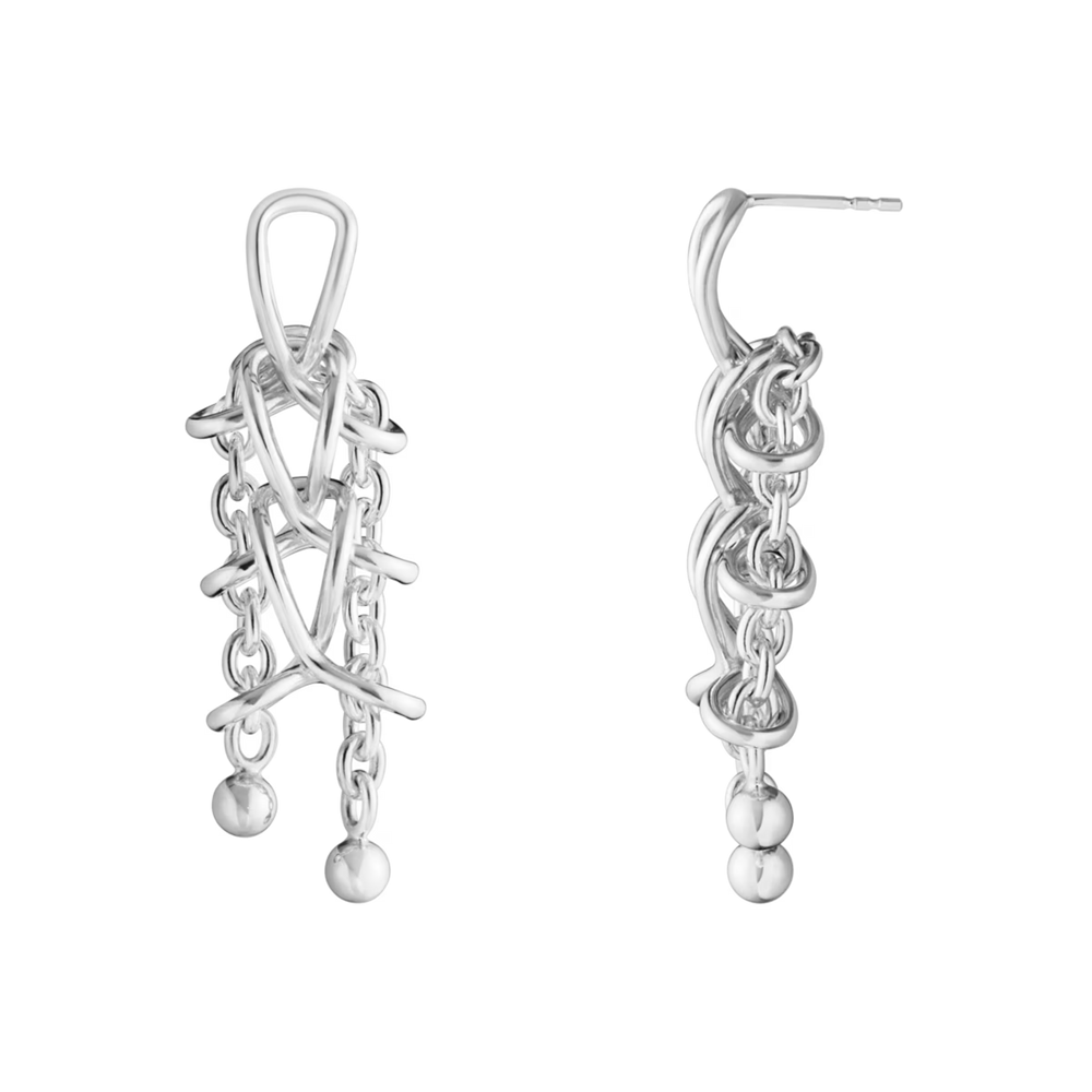 Luxury Georg Jensen Weft Double sterling silver earrings featuring articulated links and hanging orb detail.