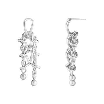 Luxury Georg Jensen Weft Double sterling silver earrings featuring articulated links and hanging orb detail.