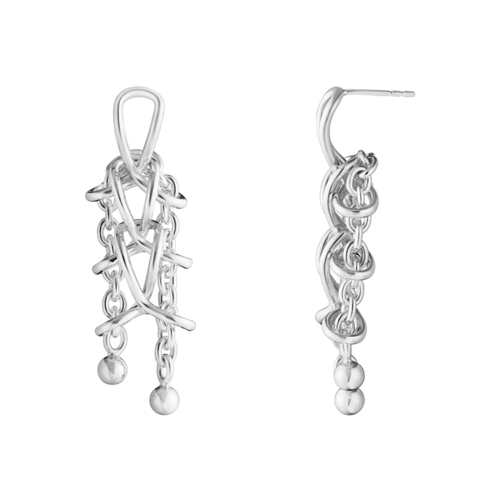 Luxury Georg Jensen Weft Double sterling silver earrings featuring articulated links and hanging orb detail.
