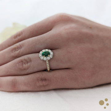 Evie Oval Royale Halo 0.72ct Emerald Yellow Gold/Platinum Ring - Deacon & Son