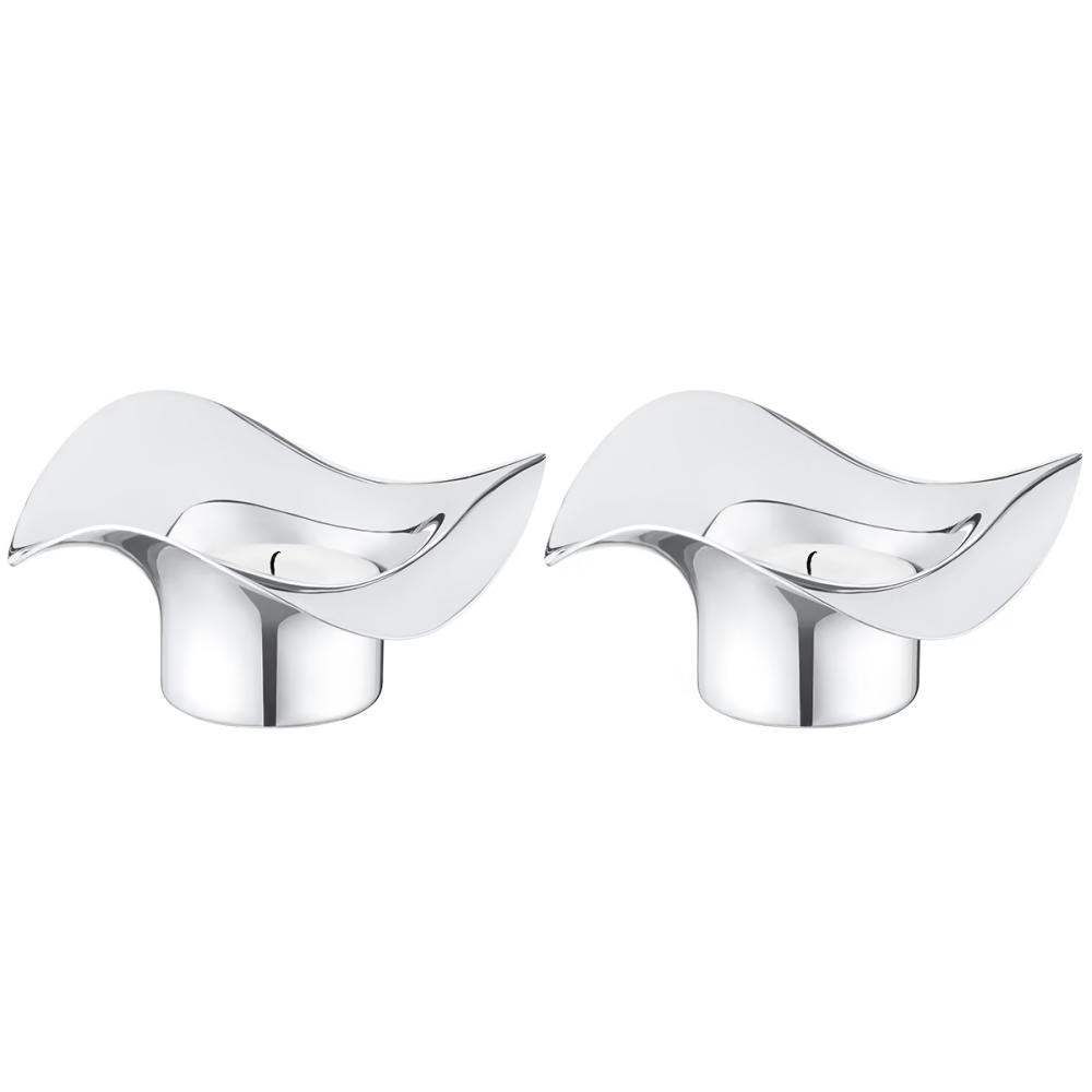 Close-up of the Georg Jensen Cobra Tealight Holders showcasing their flowing sculptural design in polished stainless steel.