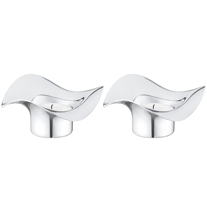 Close-up of the Georg Jensen Cobra Tealight Holders showcasing their flowing sculptural design in polished stainless steel.