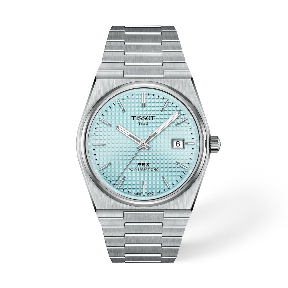 Tissot PRX Powermatic 80 40mm watch with ice blue dial and stainless steel bracelet
