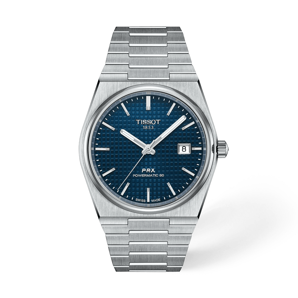 Tissot PRX Powermatic 80 T1374071104100 with blue waffle-pattern dial and stainless steel bracelet
