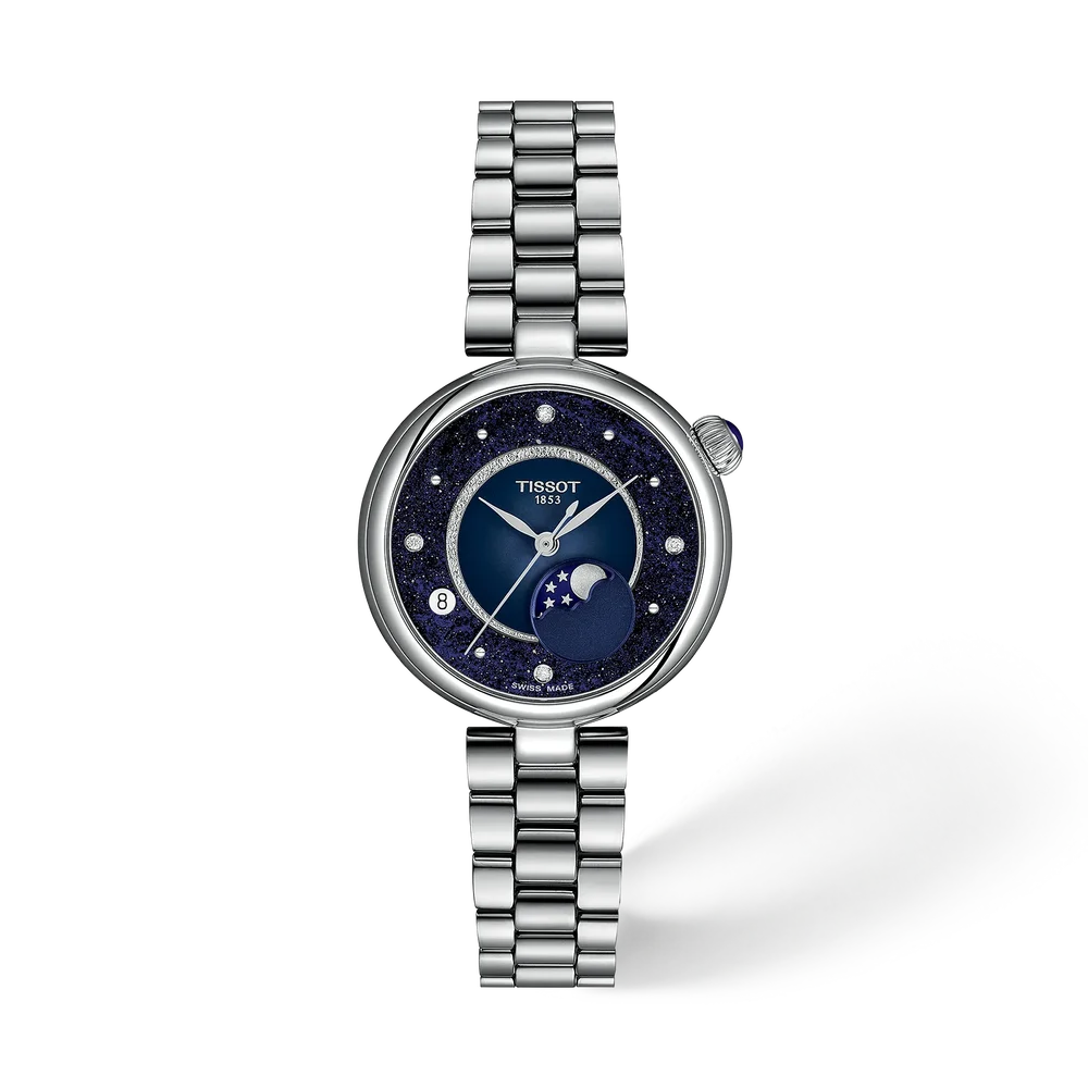 Tissot Desir 29.6mm watch with blue diamond-set dial, moonphase display and steel bracelet