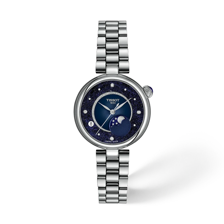 Tissot Desir 29.6mm watch with blue diamond-set dial, moonphase display and steel bracelet