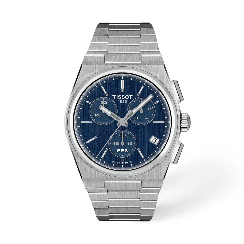 Tissot PRX Chronograph 41mm watch with blue dial and stainless steel bracelet

