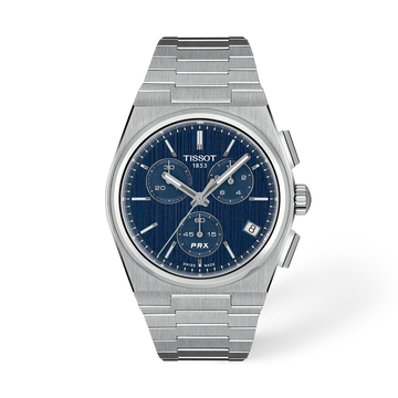 Tissot PRX Chronograph 41mm watch with blue dial and stainless steel bracelet
