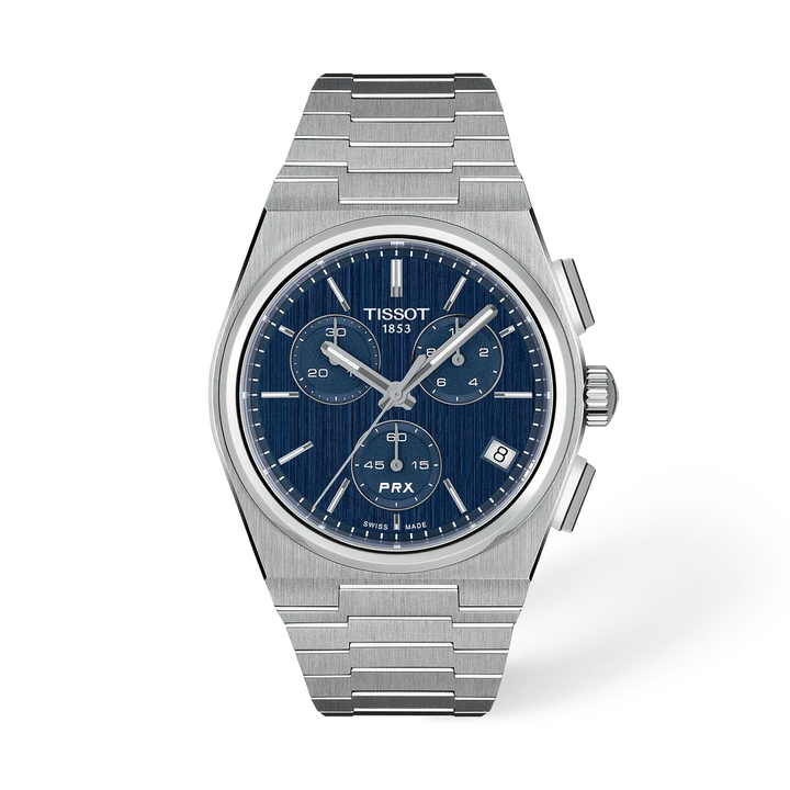 Tissot PRX Chronograph 41mm watch with blue dial and stainless steel bracelet

