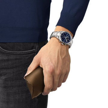 Swiss-made Tissot chronograph watch with blue dial and quartz movement