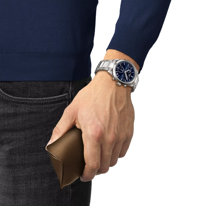 Swiss-made Tissot chronograph watch with blue dial and quartz movement