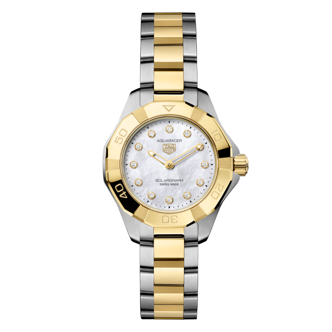 TAG Heuer Aquaracer Professional 100 Solargraph WBP1422.BB0006 with white mother-of-pearl dial and diamond hour markers