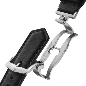 TAG Heuer Deployment Clasp on Black Leather Strap. 
