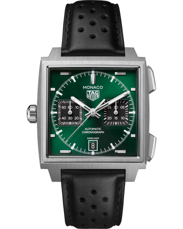 TAG Heuer Monaco Chronograph 39mm with green dial, square titanium case and black leather strap
