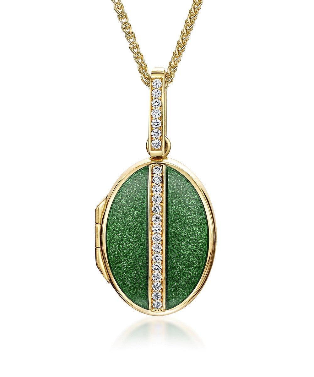 Traditional yellow gold pendant with green enamel and diamond detailing.