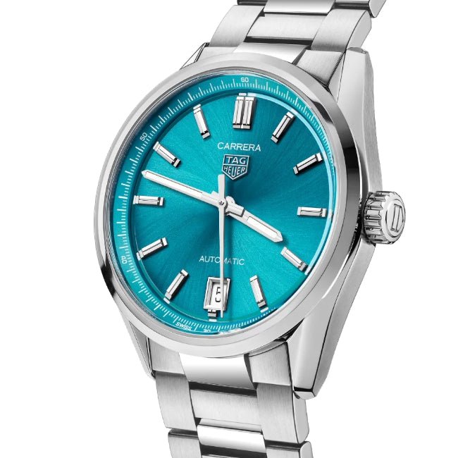 Close-up of turquoise snailed dial and date display on TAG Heuer Carrera Date WBN2316.BA0001