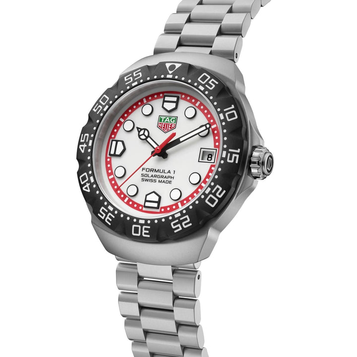 Side view of TAG Heuer Formula 1 Solargraph showing stainless steel case and crown