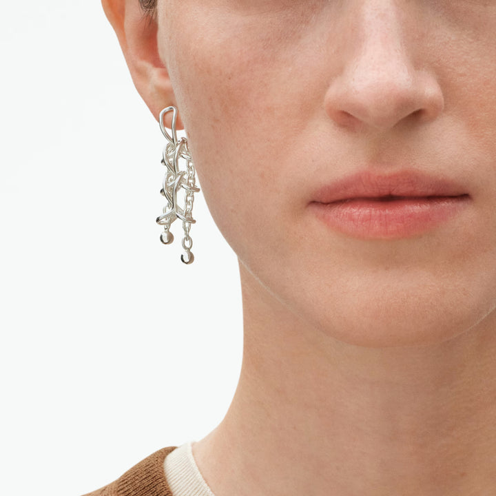 Close-up of Georg Jensen Weft Double Earrings showcasing double-chain construction in sterling silver.