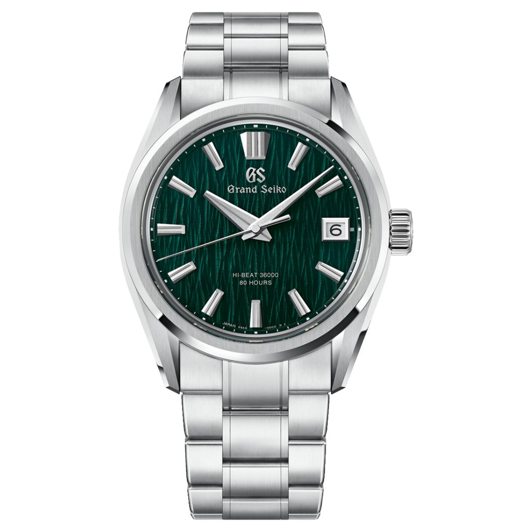 Grand Seiko SLGH033 watch with green birch-pattern dial and Ever-Brilliant Steel bracelet