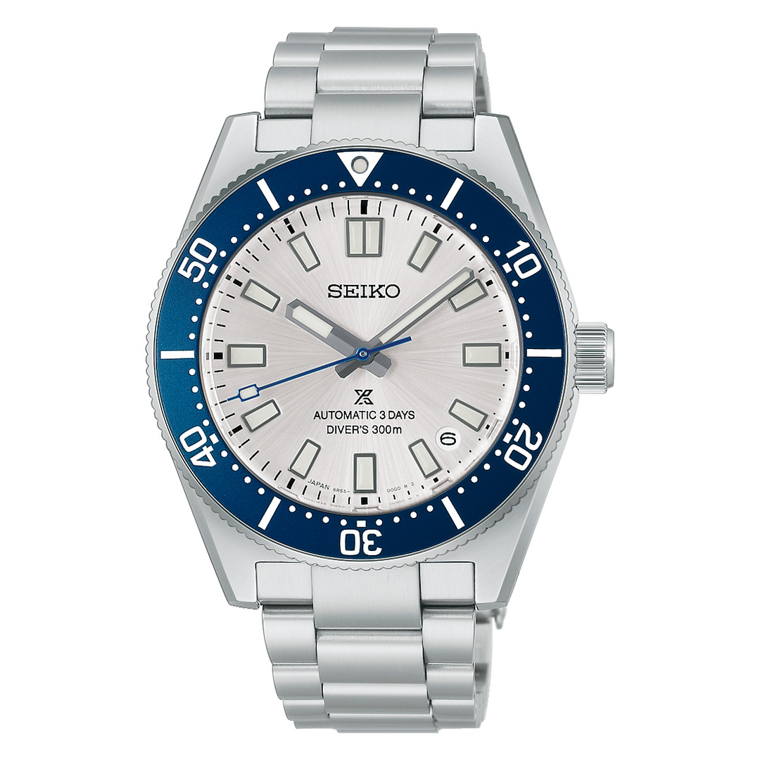 Seiko Prospex HBC005J1 145th Anniversary diver's watch with silver-white dial and blue bezel