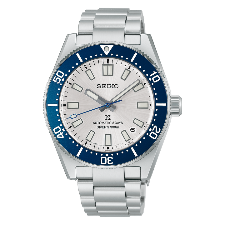 Seiko Prospex HBC005J1 145th Anniversary diver's watch with silver-white dial and blue bezel