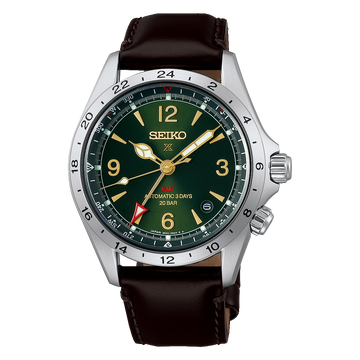 Seiko Prospex Alpinist GMT HBC007J1 with green sunburst dial and brown leather strap