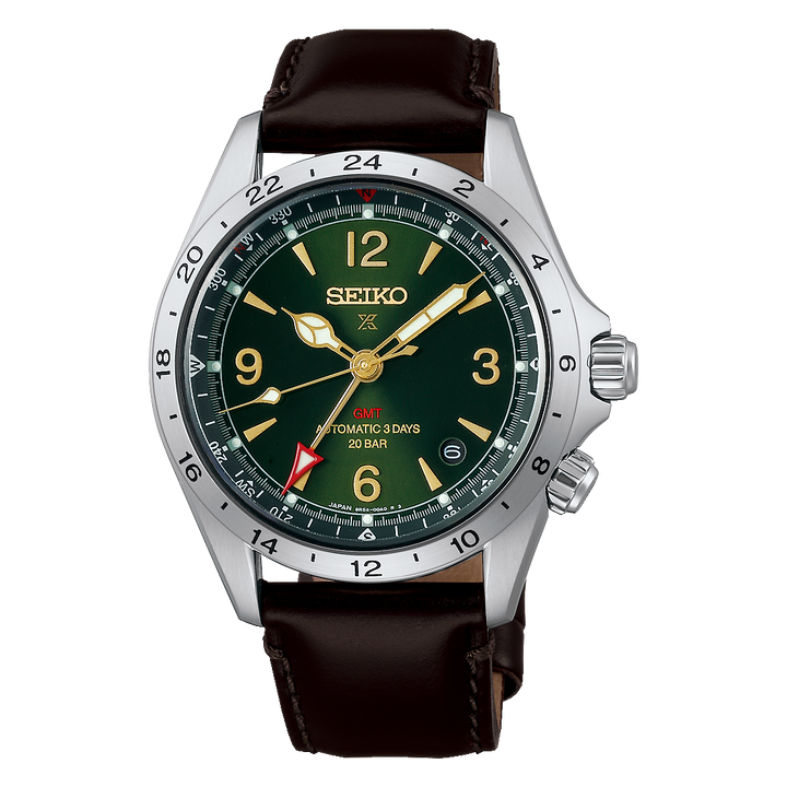 Seiko Prospex Alpinist GMT HBC007J1 with green sunburst dial and brown leather strap