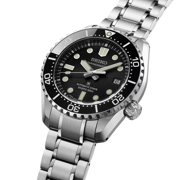 Seiko Marinemaster 1968 Heritage Diver featuring a black ceramic bezel and steel bracelet