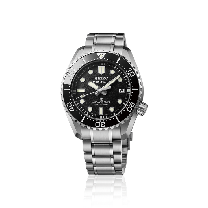 Seiko Prospex Marinemaster HBF001J1 with satin black dial and stainless steel bracelet