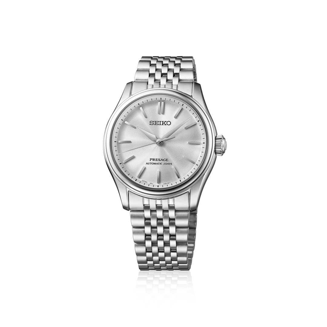 Seiko Presage Classic Series automatic watch featuring a white silk-inspired dial
