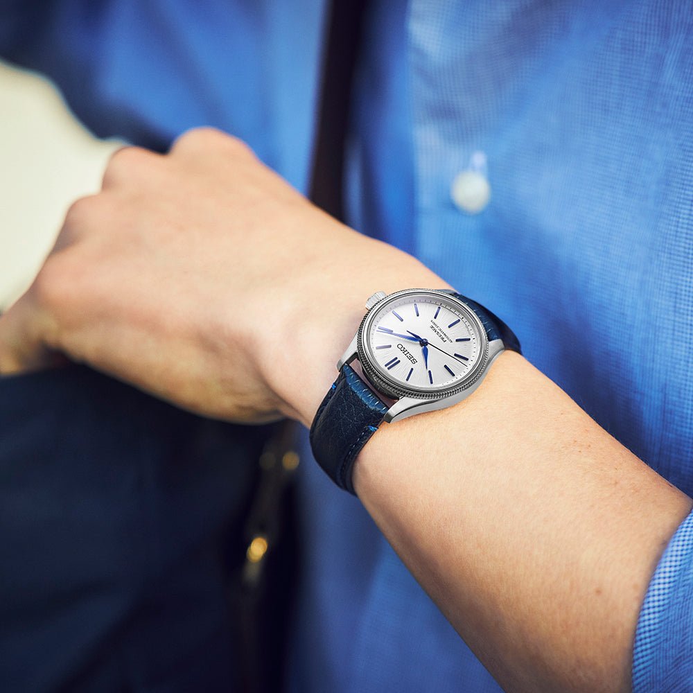 Limited-edition Seiko Presage watch with textured white dial, sapphire crystal and navy leather strap