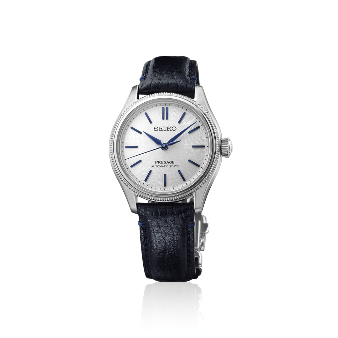 Seiko Presage HCC004J1 145th Anniversary Limited Edition with textured white dial and navy leather strap