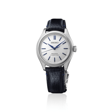 Seiko Presage HCC004J1 145th Anniversary Limited Edition with textured white dial and navy leather strap