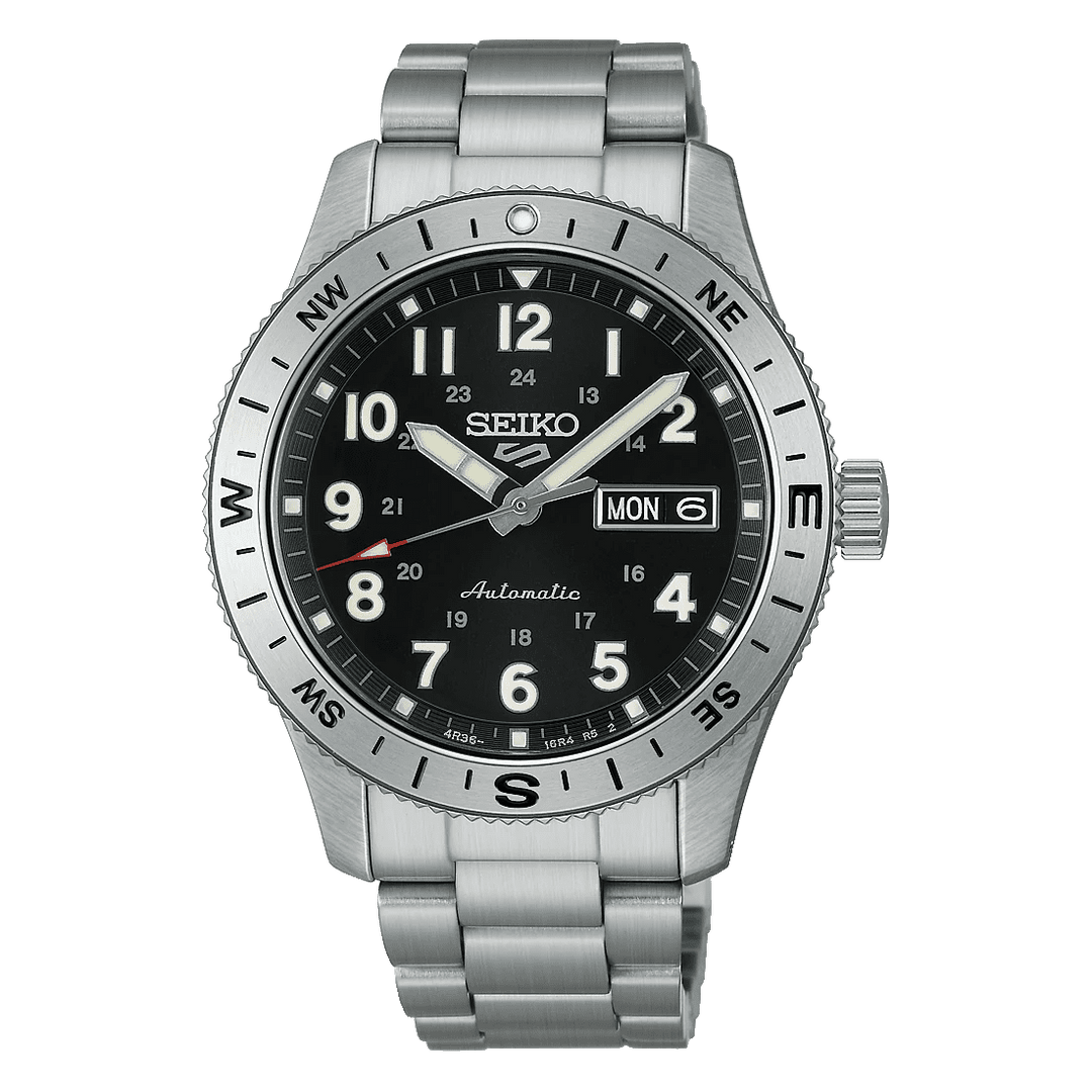 Seiko 5 Sports Field HDB006K1 automatic watch with black dial and stainless steel bracelet