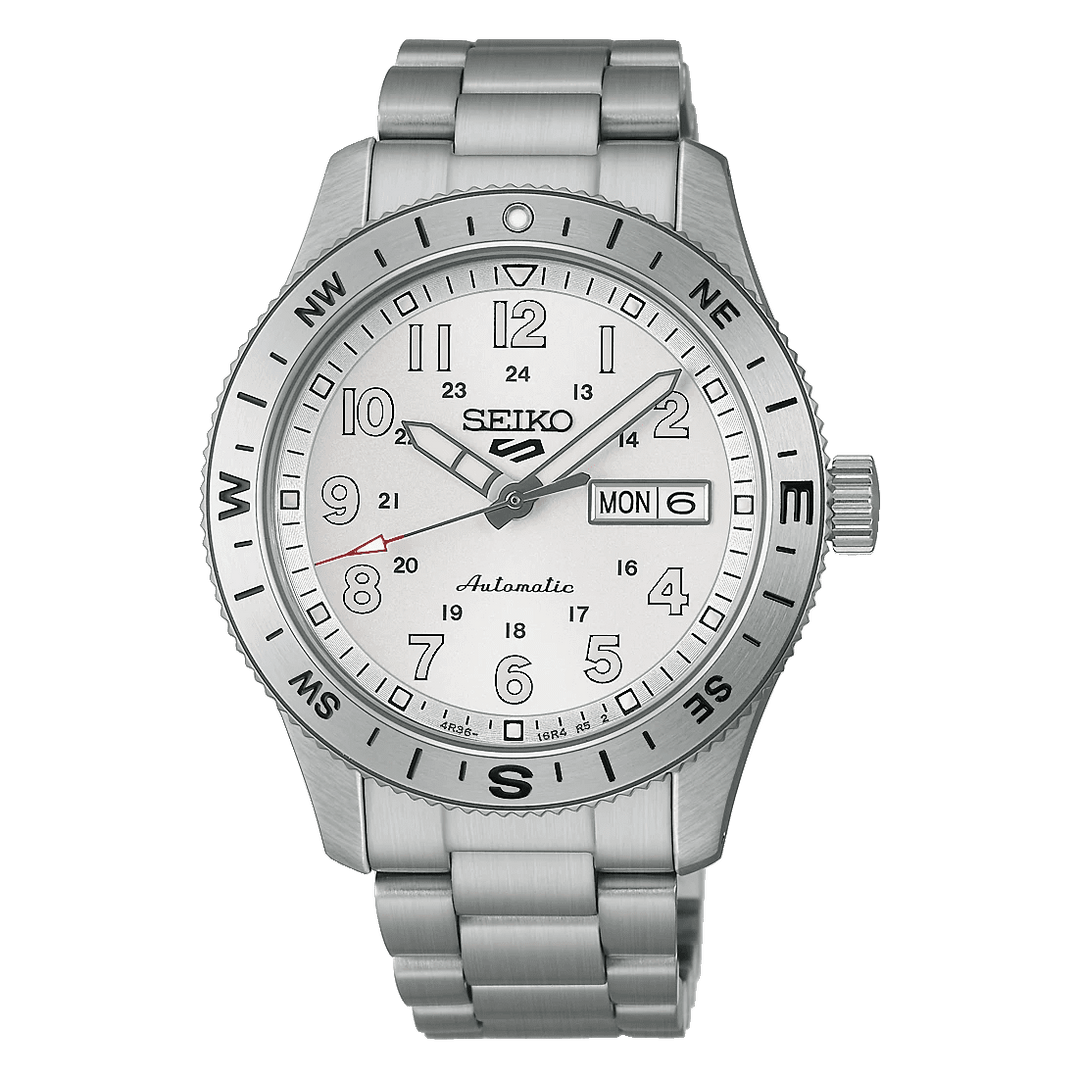Seiko 5 Sports Field HDB007K1 White Ensign automatic watch with white dial and stainless steel bracelet