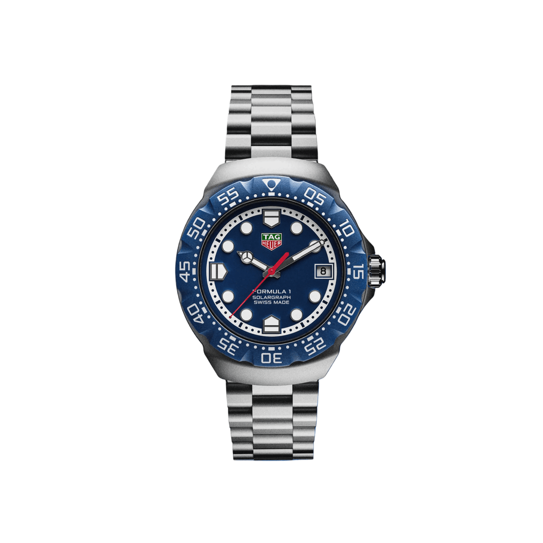 TAG Heuer Formula 1 Solargraph in sand-blasted steel with blue TH-Polylight bezel, blue opalin dial and red seconds hand on matching bracelet